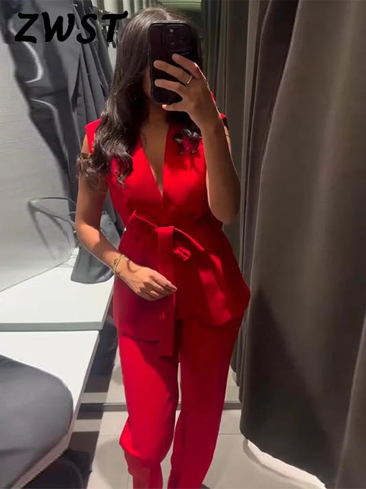 Women Red Lace Up Vest Pant Suit